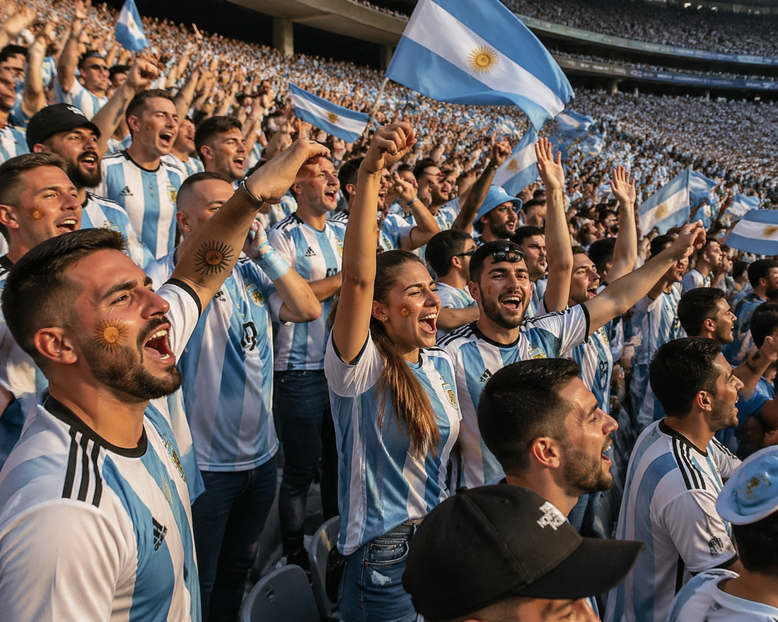 Argentina fans at a World Cup 2026 match wearing blue and white jerseys with Sun of May temporary tattoos on their arms
