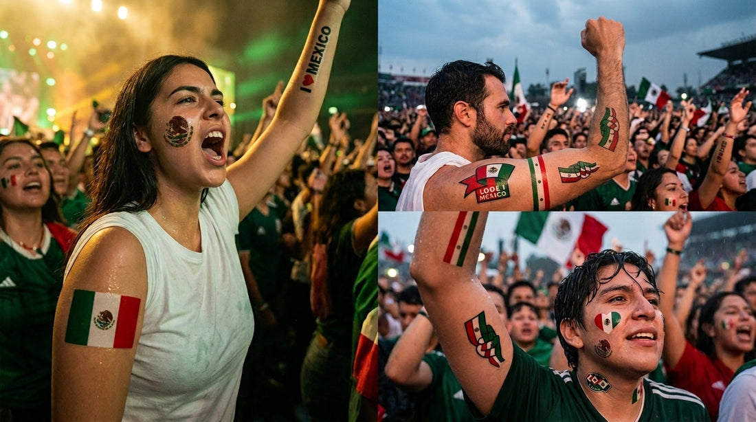 Mexico football fan with eagle and serpent temporary tattoo at stadium