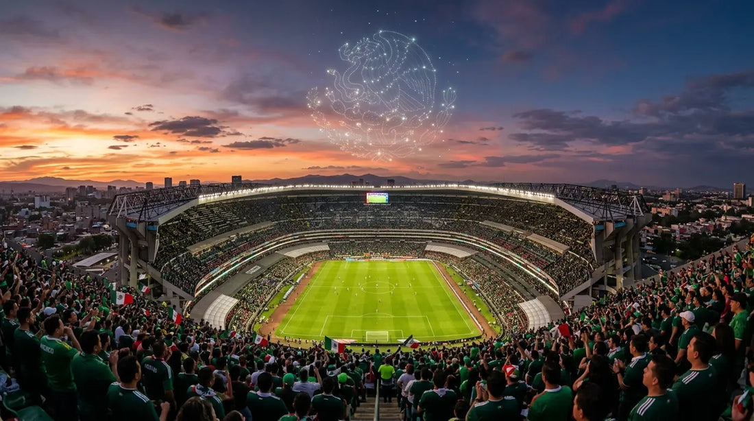 Panoramic view of Estadio Azteca in Mexico City at sunset, filled with passionate soccer fans celebrating the 2026 international tournament opener.