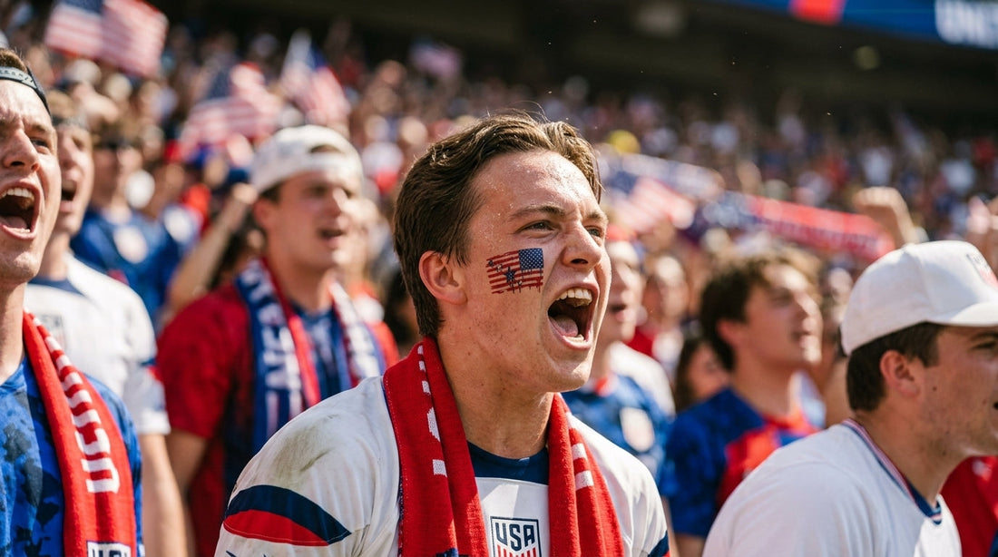A cheering sports fan with sweat on his face, showing a perfectly intact and unsmudged USA flag temporary tattoo on his cheek in the summer heat.