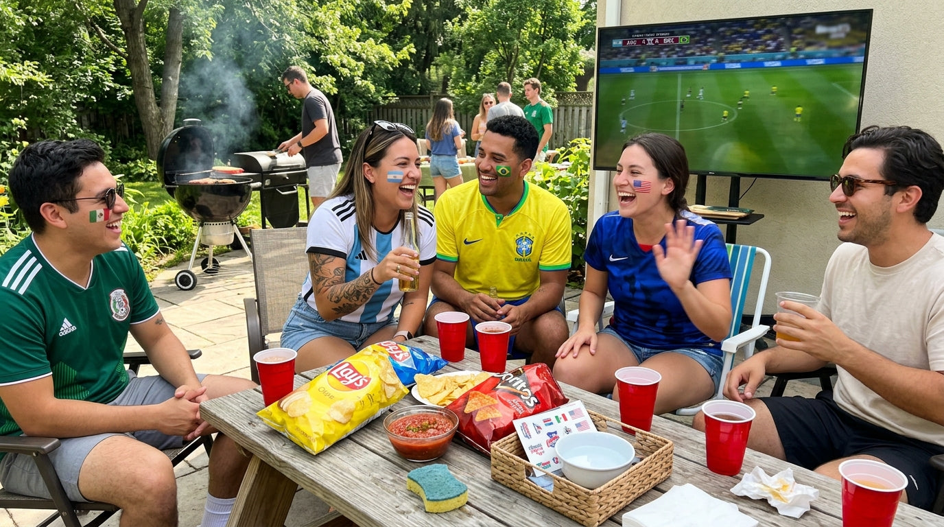 Fans enjoying a sunny backyard soccer homegating watch party with red cups and a smoking grill, watching a live match on a flat-screen TV