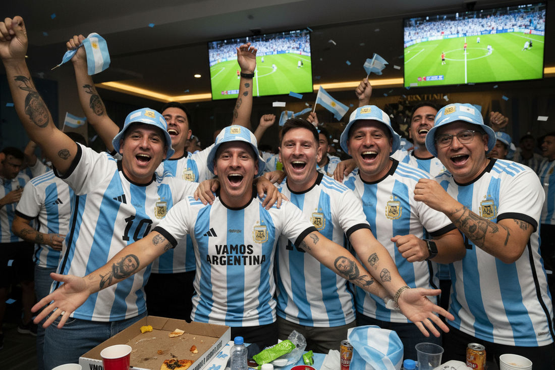 Argentina Albiceleste fan wearing jersey and temporary tattoos at World Cup 2026 as defending champions