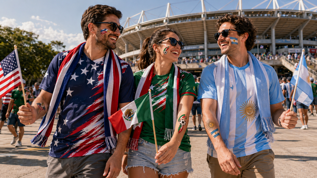 Soccer fan wearing team jersey with temporary tattoos on forearm at a stadium