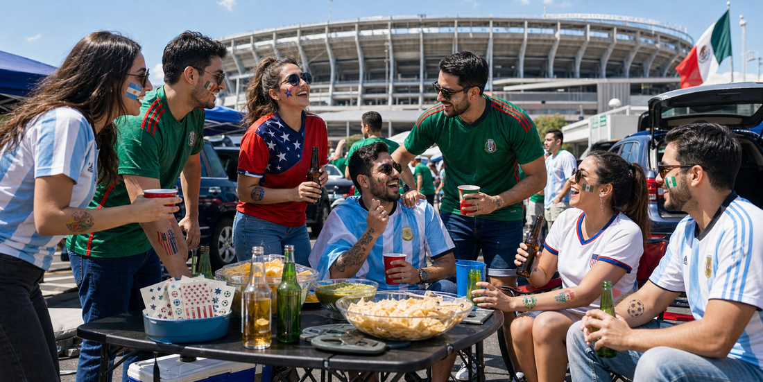 Soccer fans tailgating outside a stadium before a World Cup 2026 game