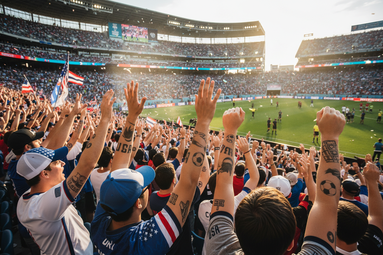 Soccer fans showing temporary tattoos at World Cup 2026 stadium match day