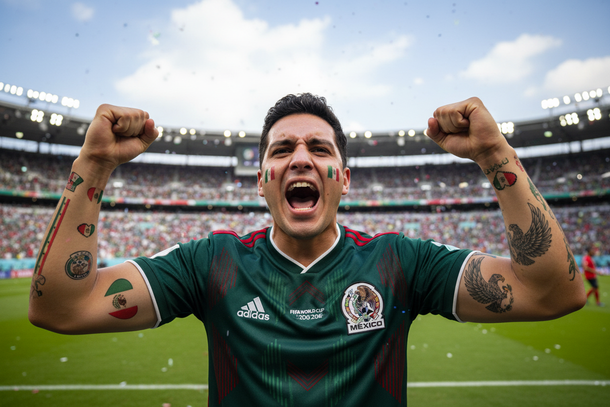 Mexico El Tri soccer fan wearing jersey and temporary tattoos at World Cup 2026 stadium