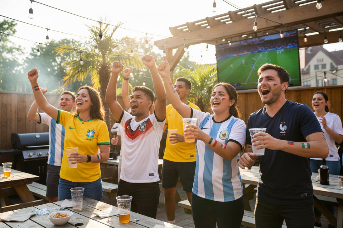 Soccer fans at outdoor World Cup 2026 watch party showing temporary tattoos on arms