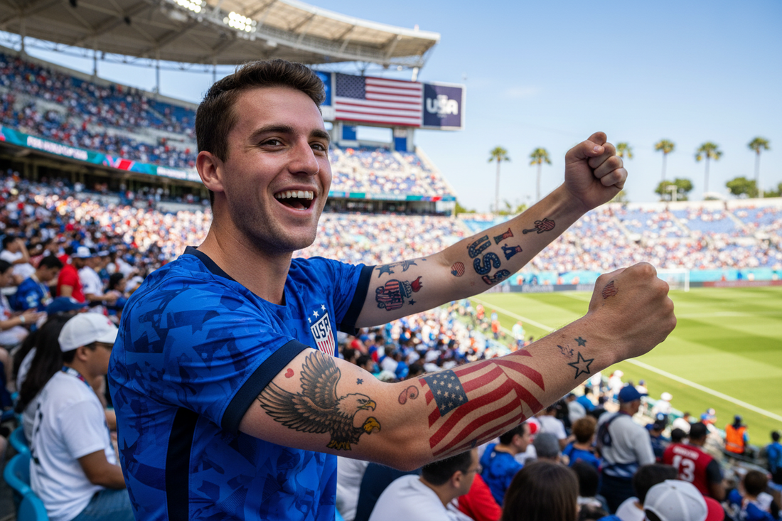 USA soccer fan wearing USMNT jersey and temporary tattoos at World Cup 2026 stadium