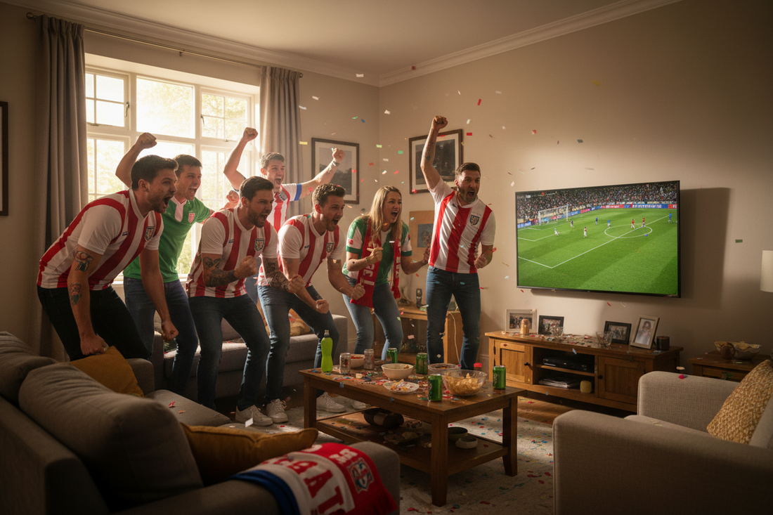Soccer fans wearing jerseys and temporary tattoos at a World Cup 2026 watch party