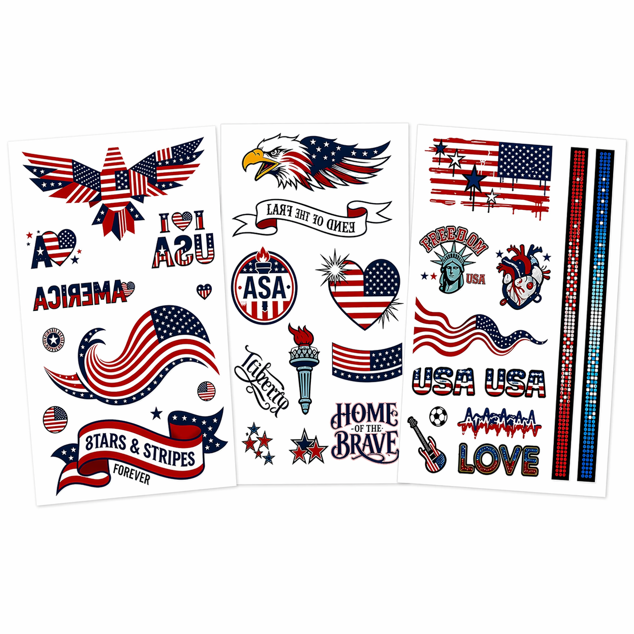 USA Patriotic Temporary Tattoos - 3 Sheets | Eagles, Flags & Stars