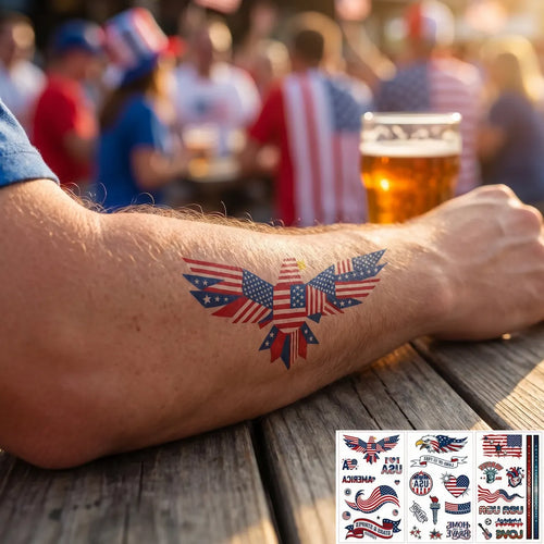 USA Patriotic Temporary Tattoos - 3 Sheets | Eagles, Flags & Stars