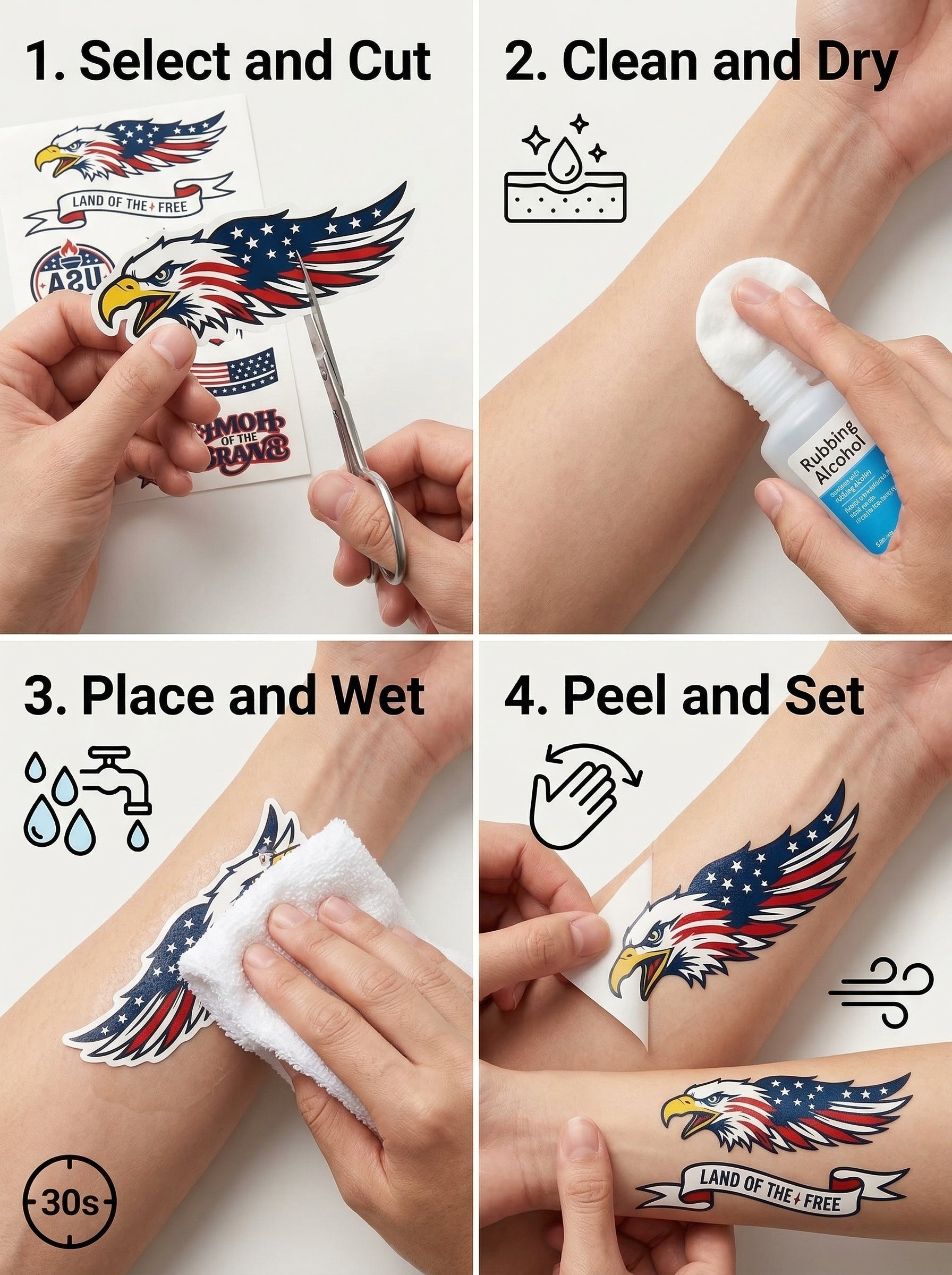 USA Patriotic Temporary Tattoos - 3 Sheets | Eagles, Flags & Stars