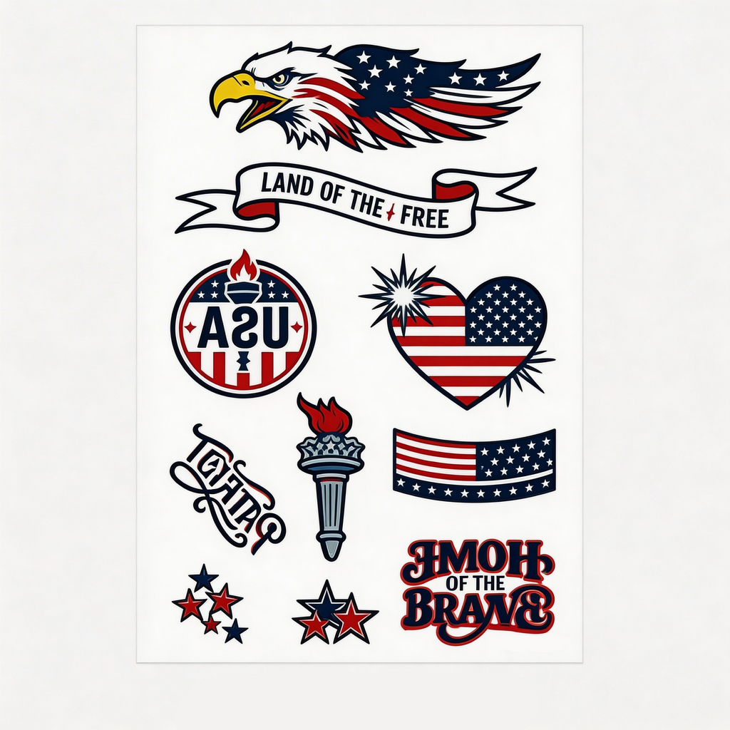 USA Patriotic Temporary Tattoos - 3 Sheets | Eagles, Flags & Stars