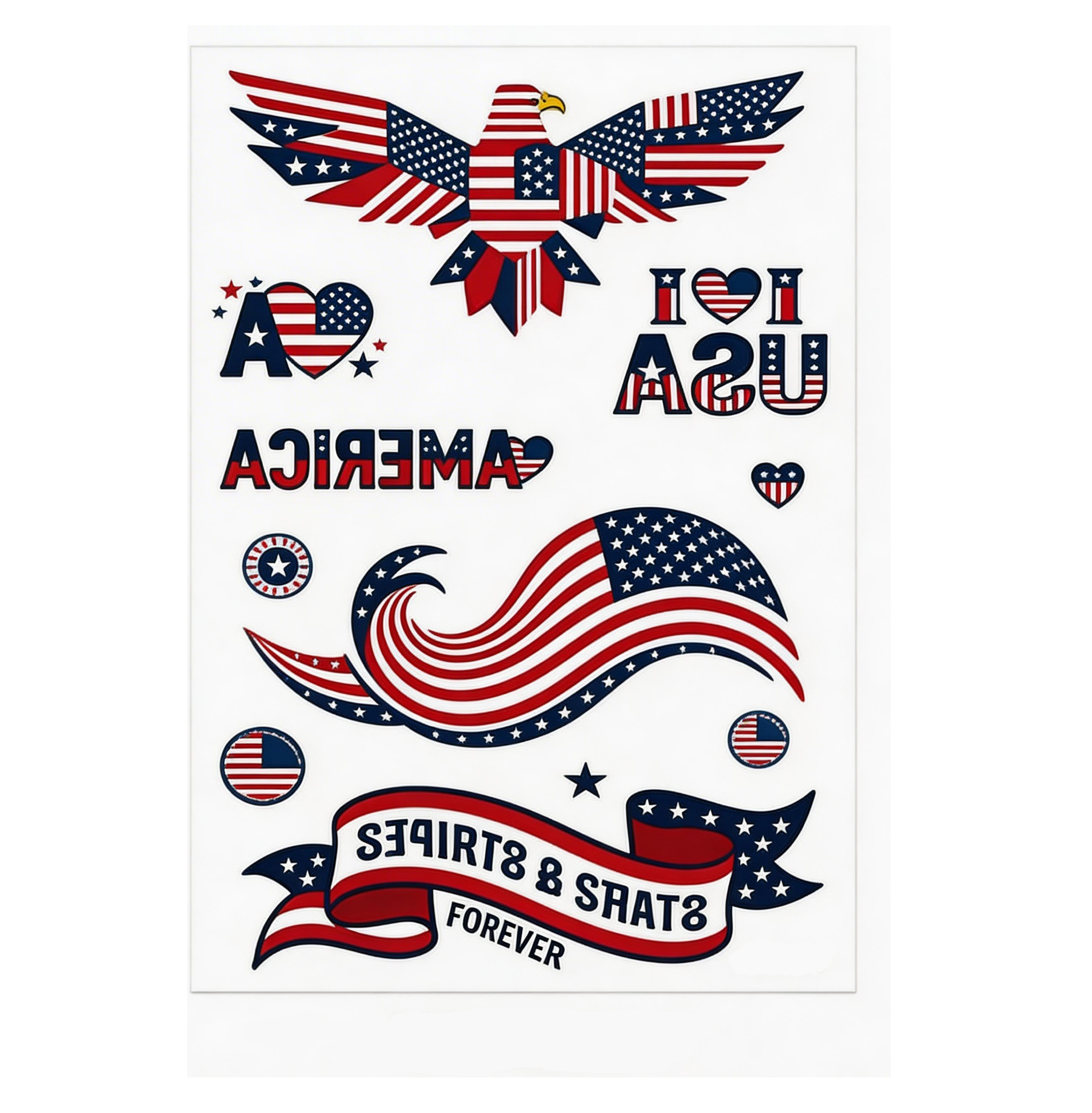 USA Patriotic Temporary Tattoos - 3 Sheets | Eagles, Flags & Stars