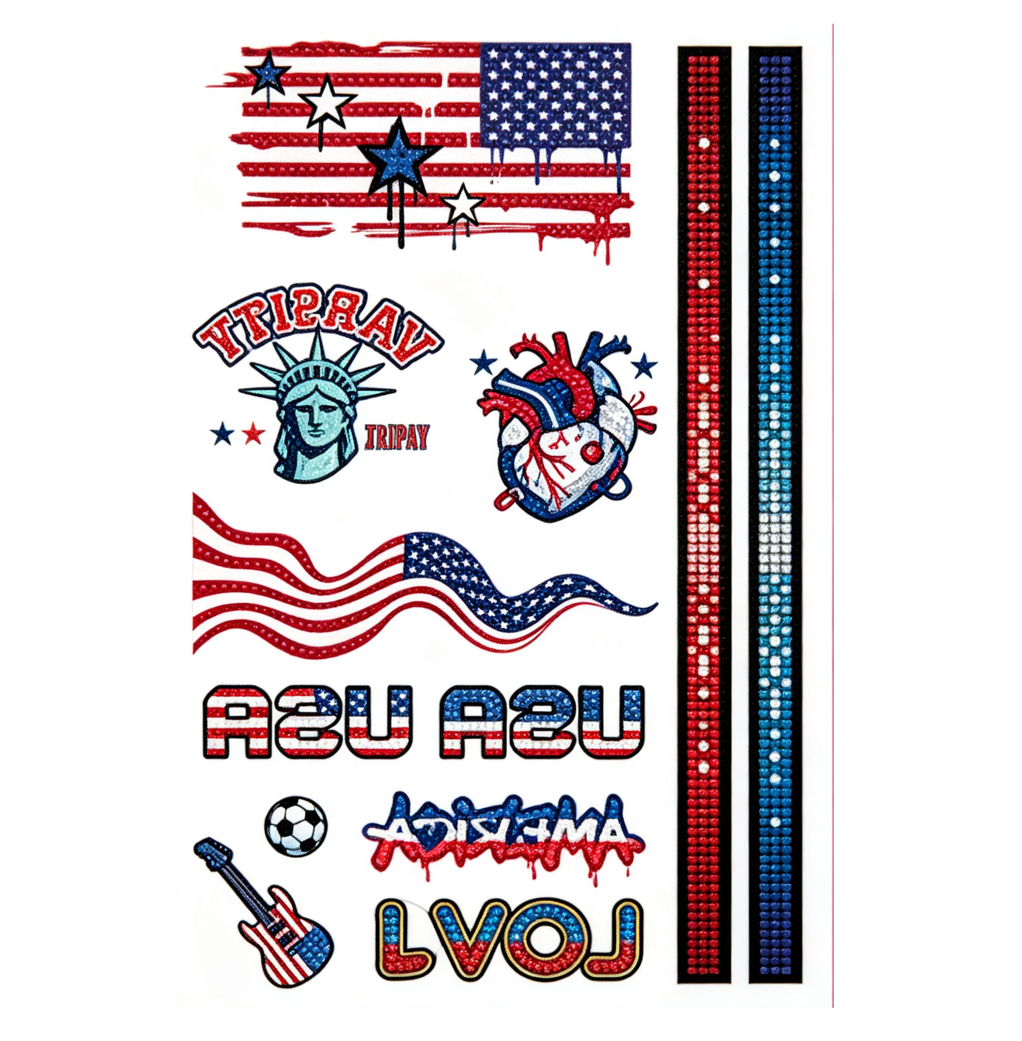 USA Patriotic Temporary Tattoos - 3 Sheets | Eagles, Flags & Stars